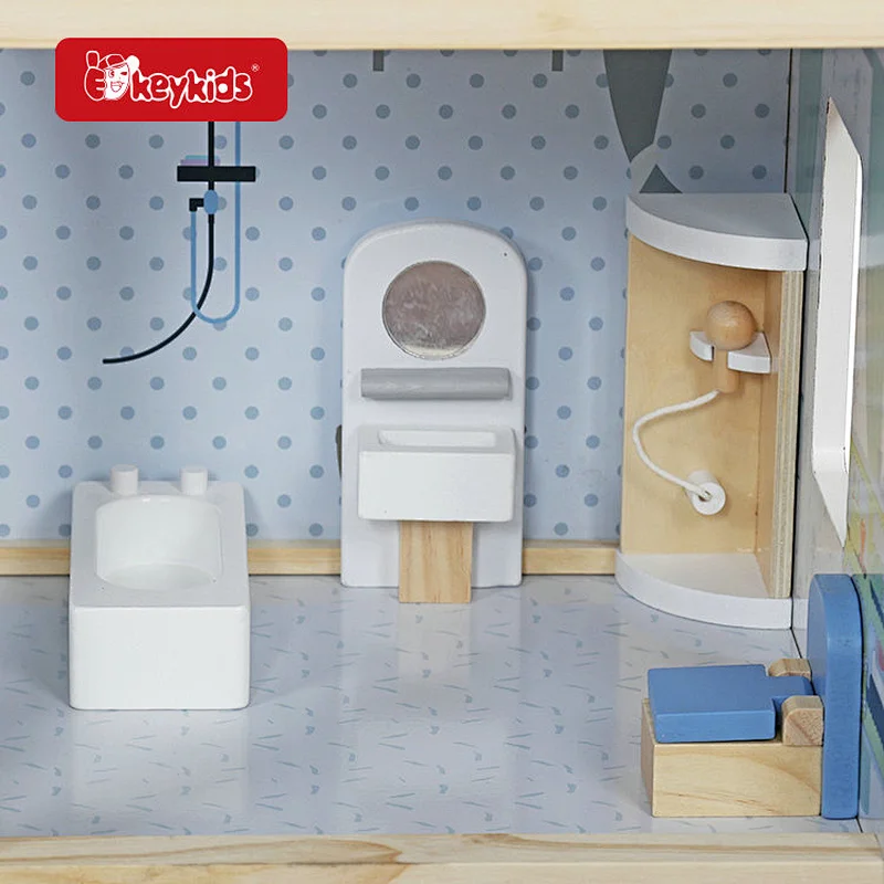 New W06A413H Pretend Play Wooden Dollhouse Set for Boys DIY Model Toy with Plastic Furniture Accessories Children's Style